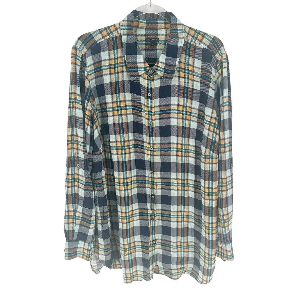 Talbots Shirt Womens 2X Blue Orange Plaid Button Down Long Sleeve Roll Tab Tunic